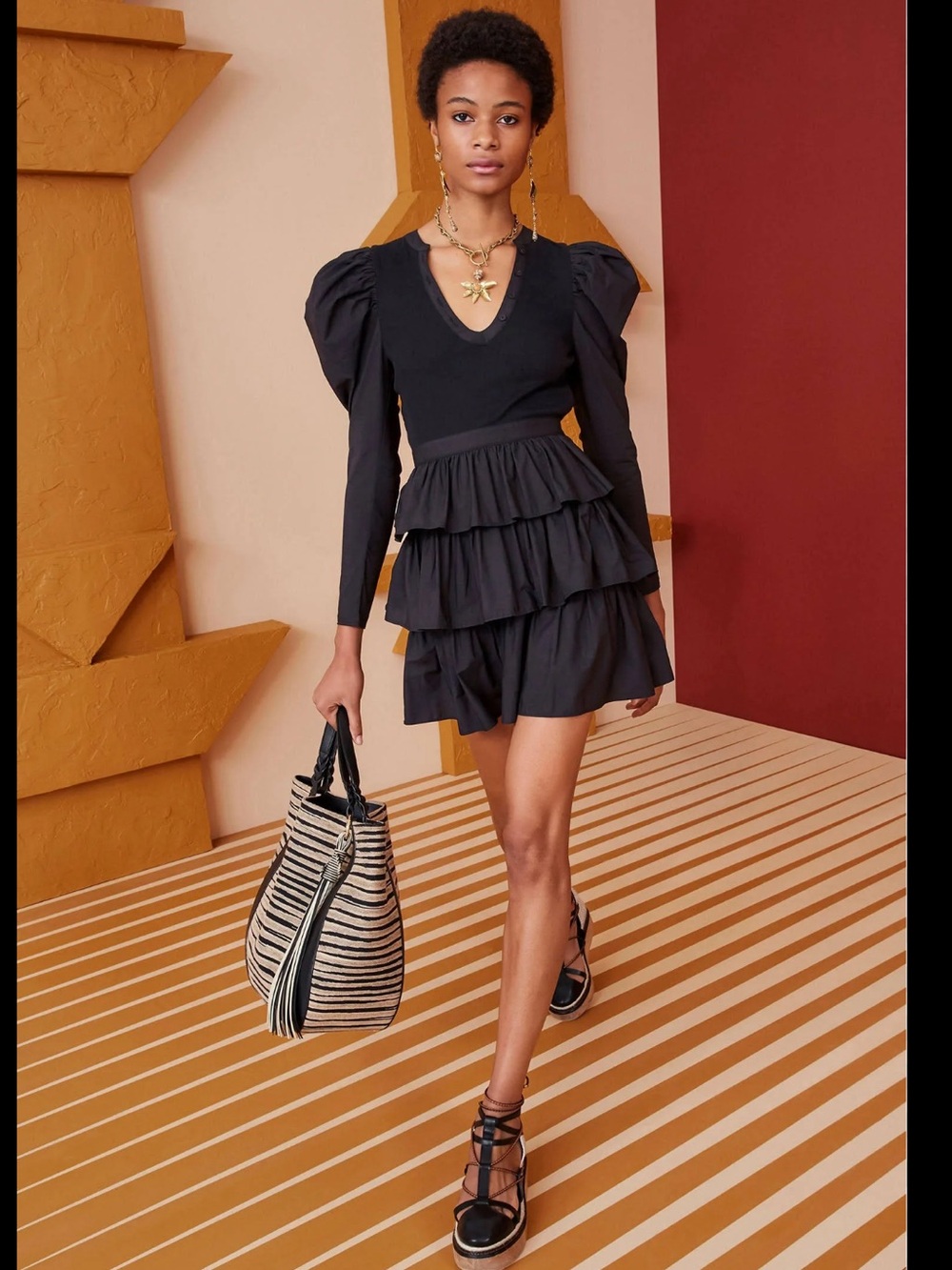 NWT Ulla Johnson Amiri Black Tiered Ribbed Puff Sleeve Mini Dress Size M $395